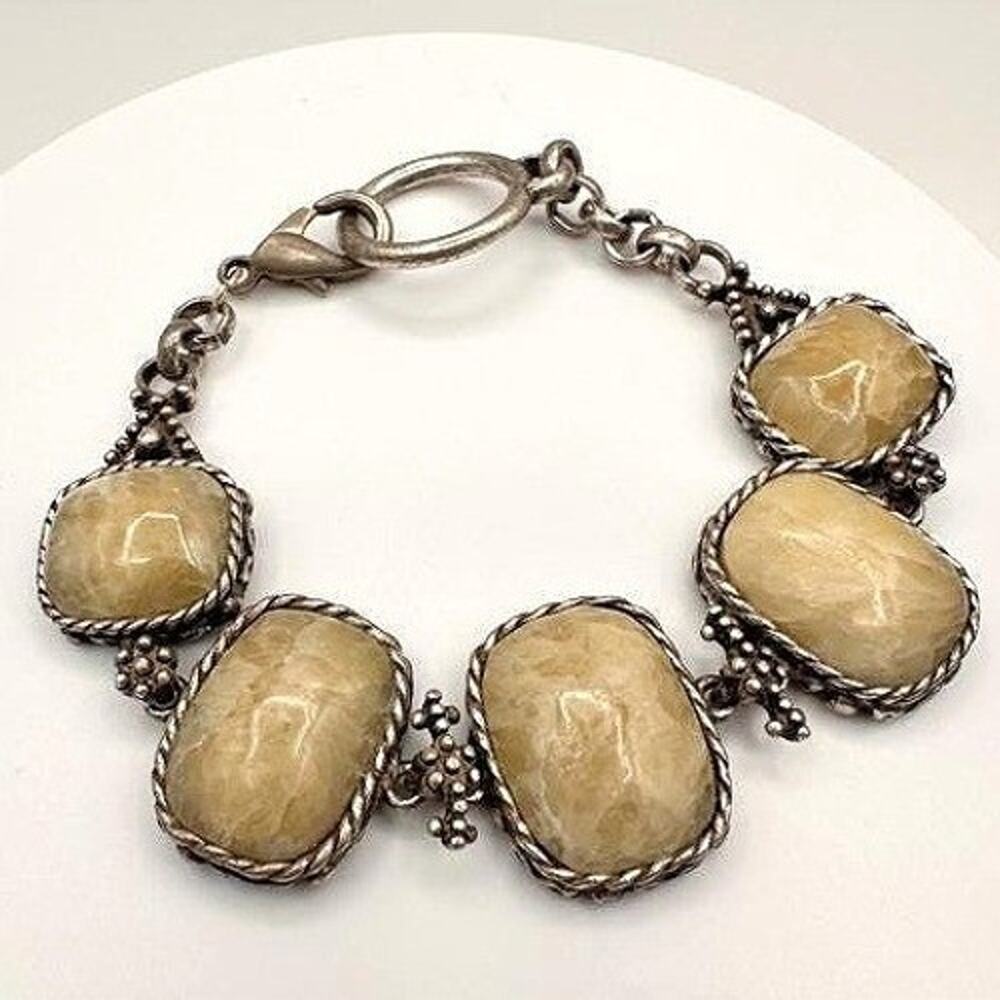 Vintage Silver Tone 90s Statement Link Bracelet Simulated Yellow Quartz Chunky